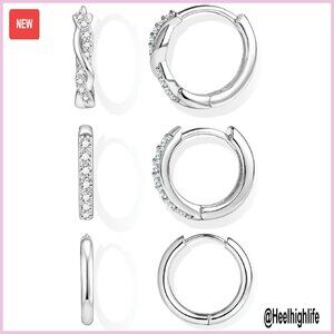 Sterling Silver Huggie Hoop Earrings Set, 3 Pairs Hypoallergenic Stackable